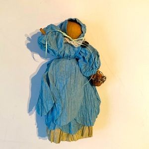 Vintage handmade paper doll in blue with black hair and basket 1970’s indian